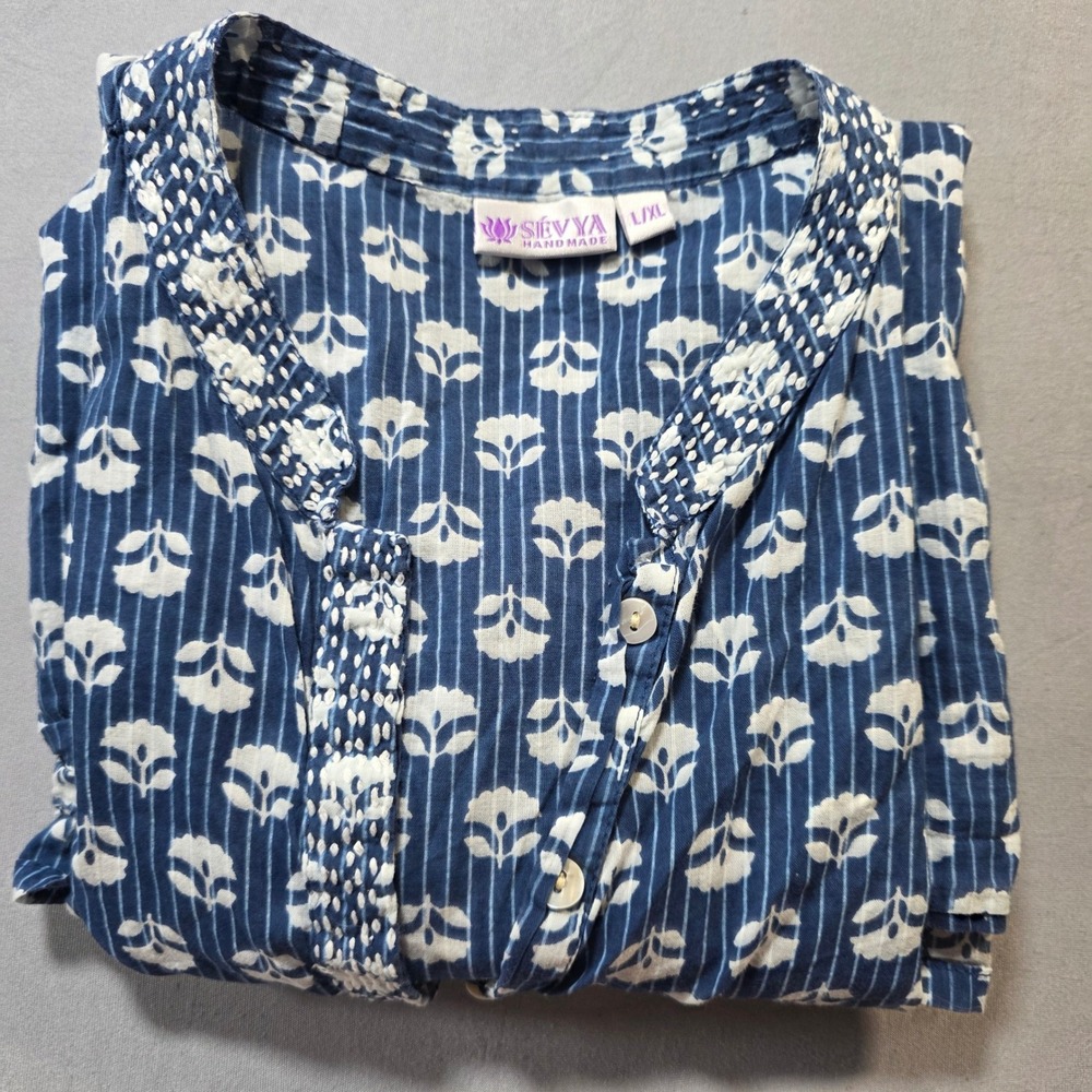 Sevya Handmade Blue Floral Block Print Cotton Tunic Top L/XL Kantha Stitch